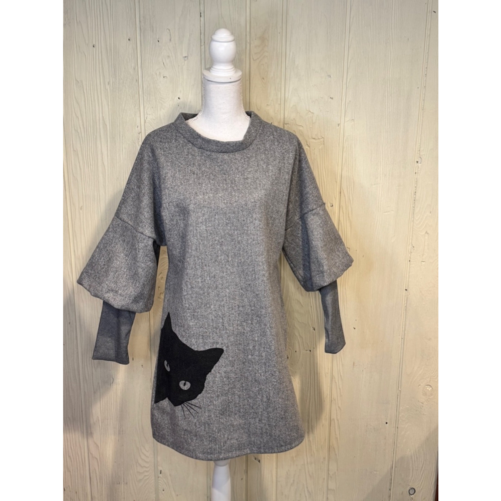 OC Orderplus Grey Scoop Neck Wide Fitted Layered Long Sleeve A-Line Cat Dress M